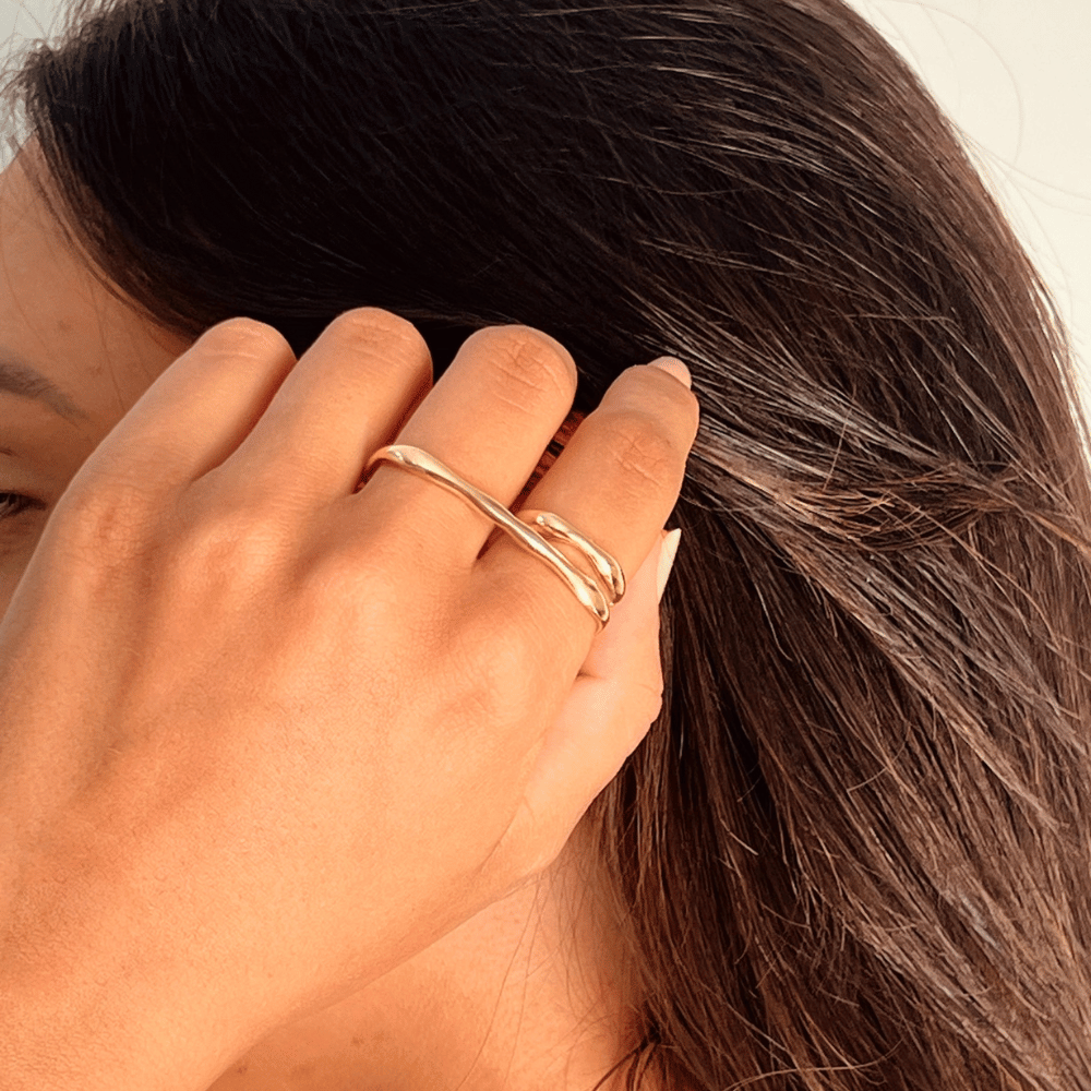 Anel Abestrato Dois Dedos Ajustável - Dourado