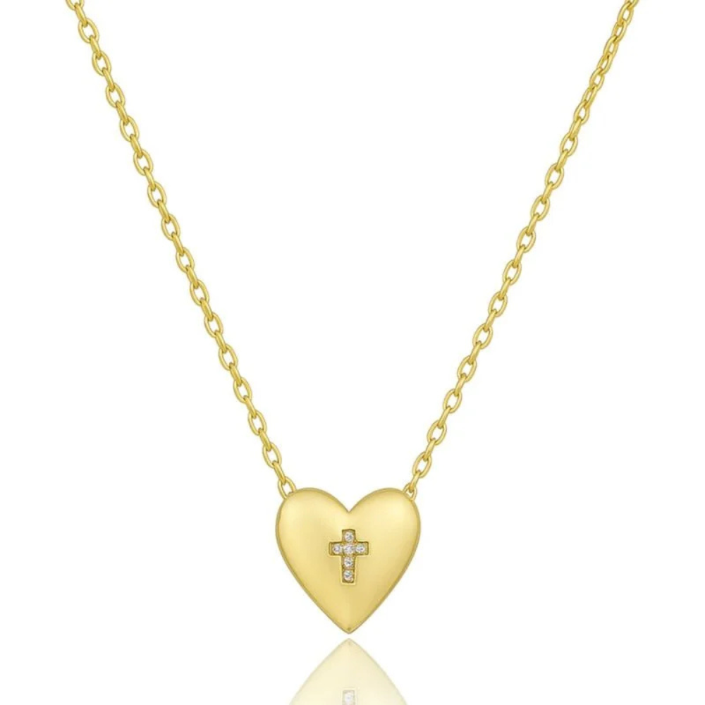 Colar Coração Com Cruz Cravejada em Zircônia - Dourado