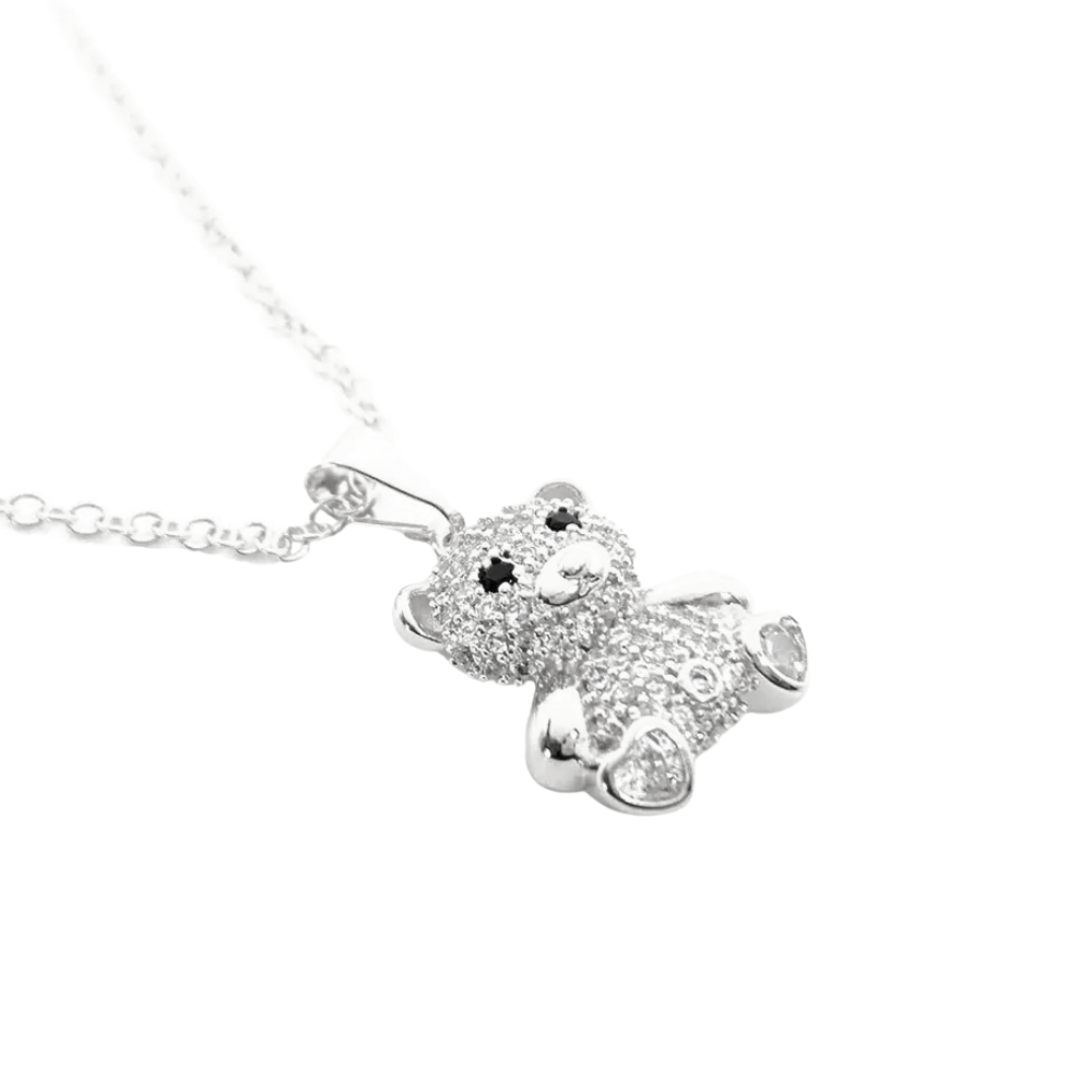 Colar Elos Cadeado Pingente Urso 16mm Cravejado em Zircônias - Prata