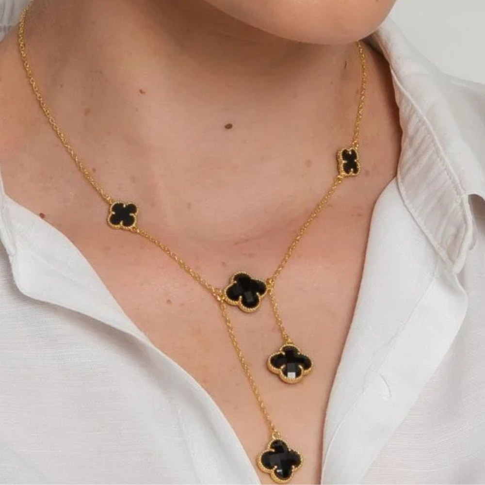 Colar Longo Trevo Preto - Dourado