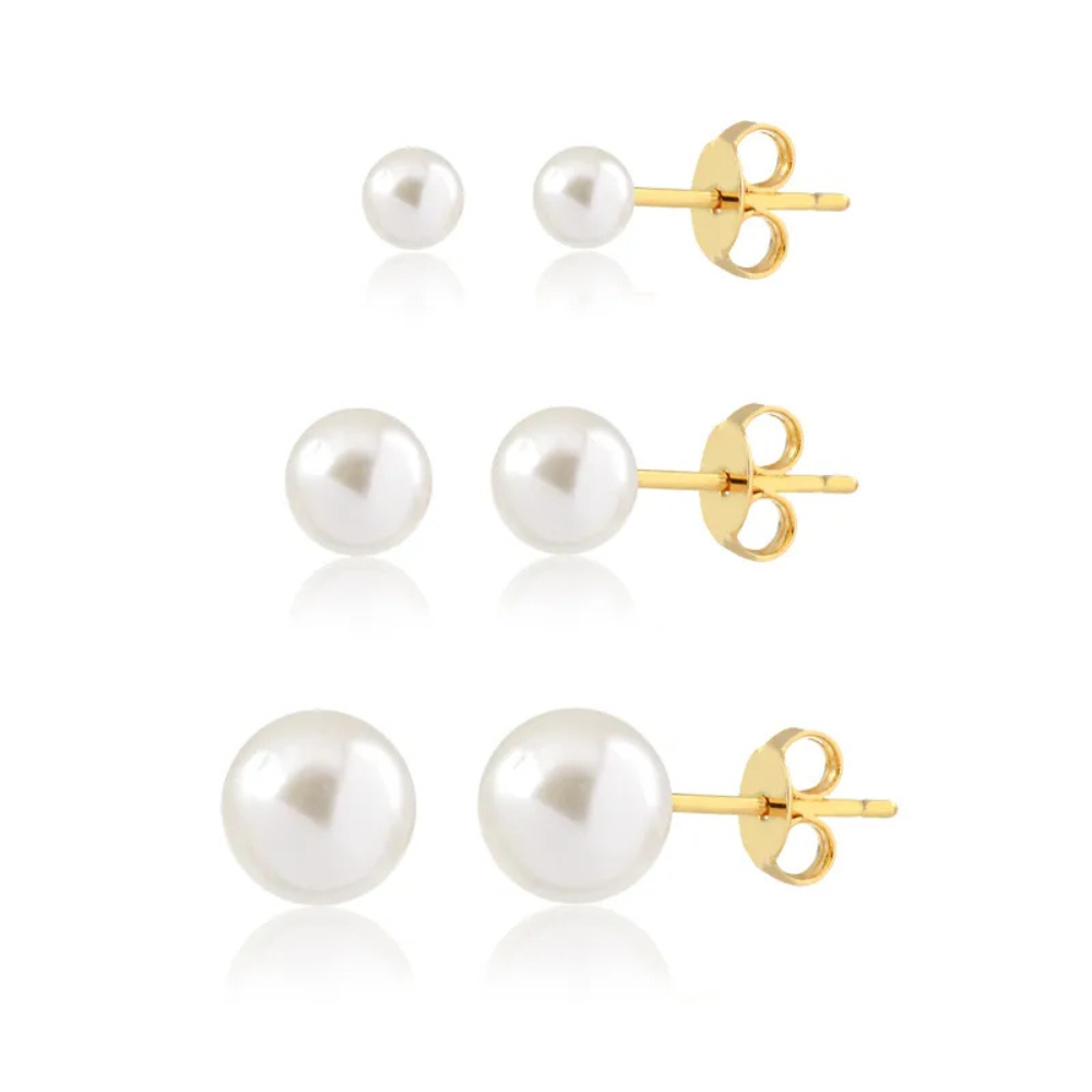 Trio de Brincos de Pérola Banhado à Ouro