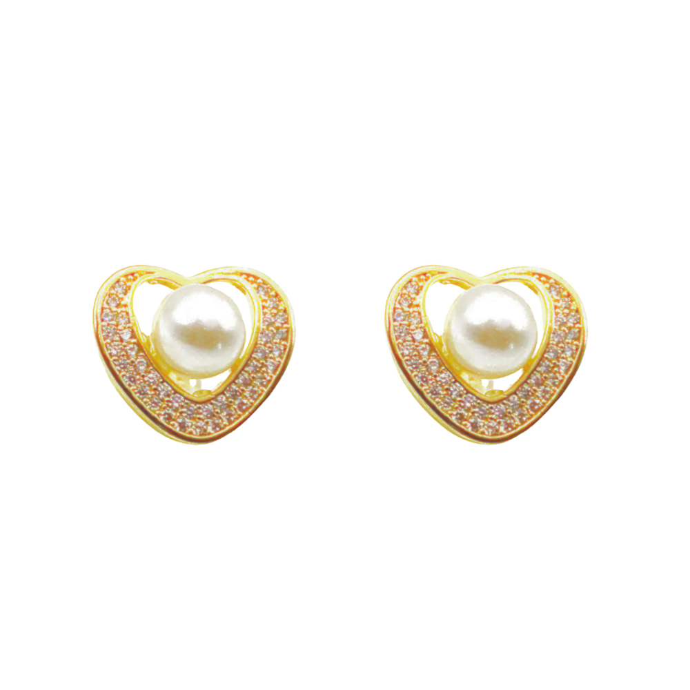 Brinco Coração 15mm Cravejado Zircônias e Pérola - Dourado