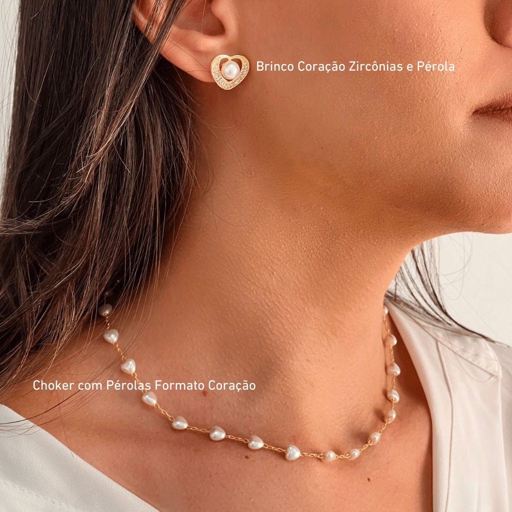 Brinco Coração 15mm Cravejado Zircônias e Pérola - Dourado