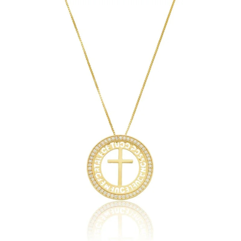Colar Medalha Cruz Detalhes Em Zircônia - Dourado