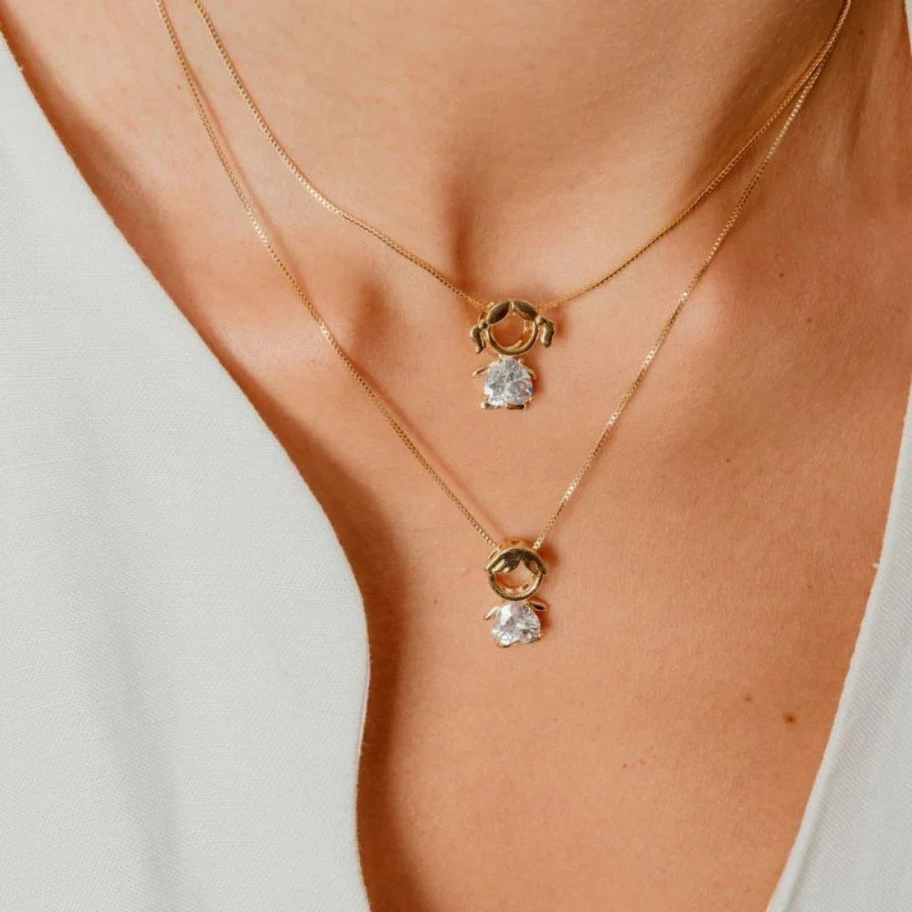 Colar Menina com Coração em Zircônia - Dourado