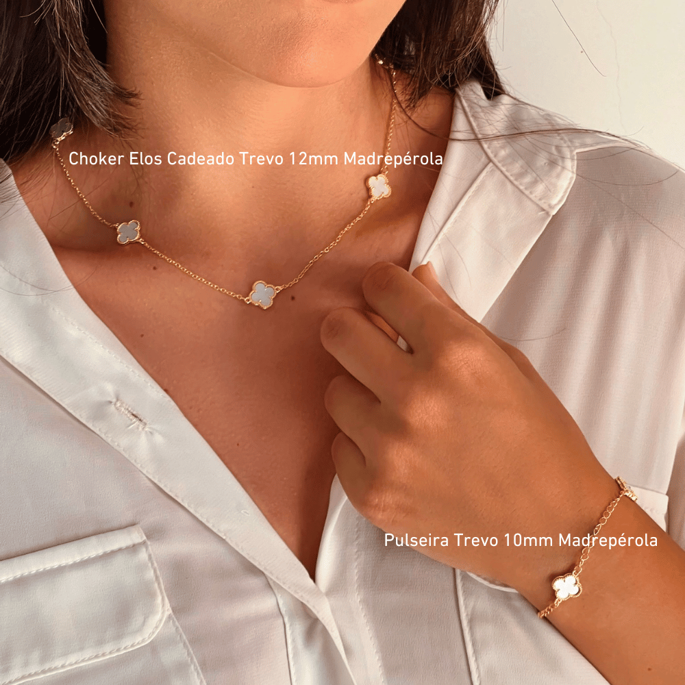 Choker Elos Cadeado Trevo 12mm Madre Pérola - Dourado