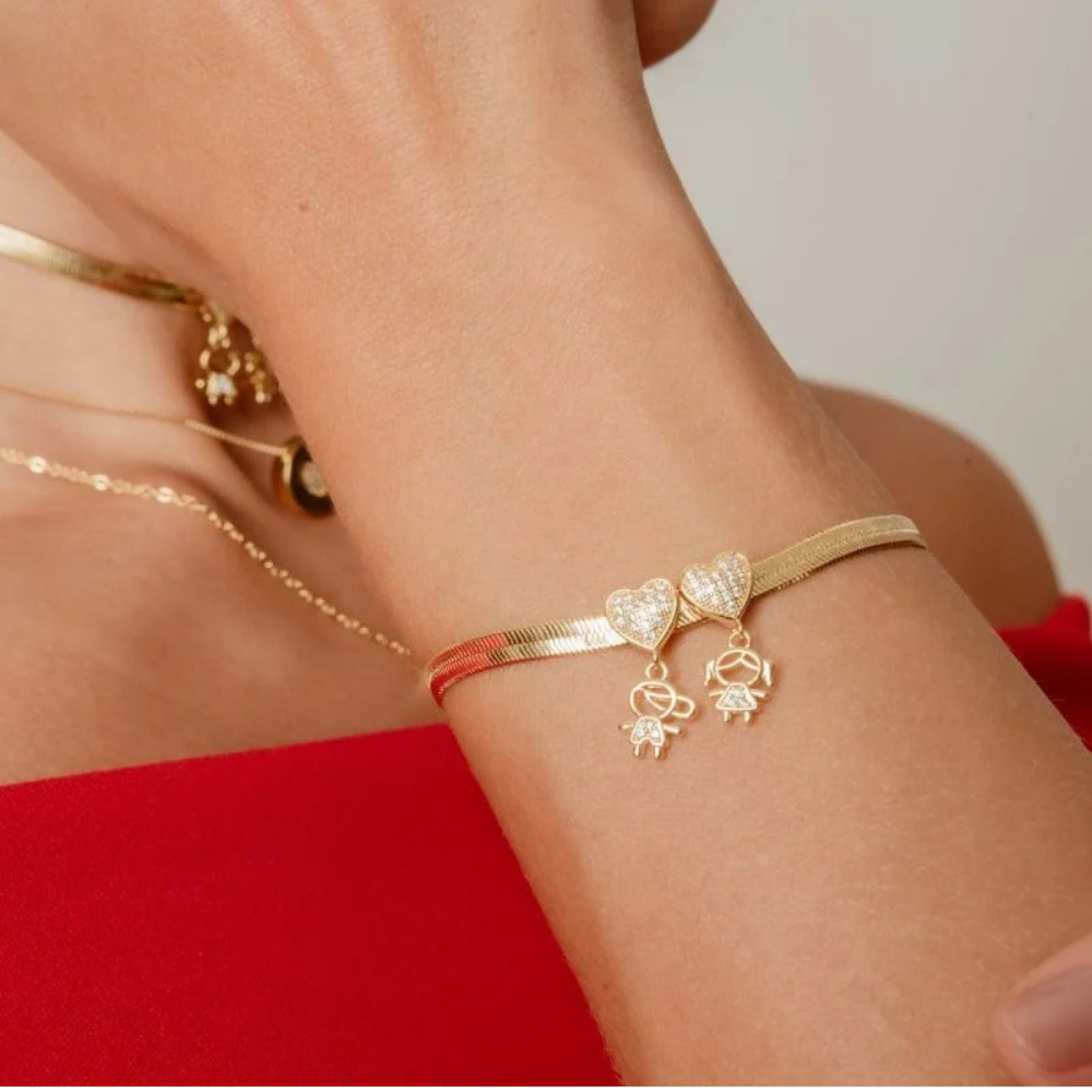 Pulseira Malha Snake Com Pingente Filhos - Dourado